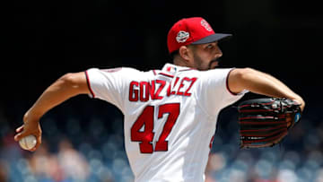 WASHINGTON, DC - AUGUST 09: Starting pitcher Gio Gonzalez #47 of the Washington Nationals pitches in the first inning against the Atlanta Braves at Nationals Park on August 9, 2018 in Washington, DC. (Photo by Patrick McDermott/Getty Images)