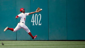 WASHINGTON, DC - AUGUST 09: Michael Taylor #3 of the Washington Nationals is unable to catch a double hit by Freddie Freeman #5 of the Atlanta Braves (not pictured) in the eighth inning at Nationals Park on August 9, 2018 in Washington, DC. (Photo by Patrick McDermott/Getty Images)