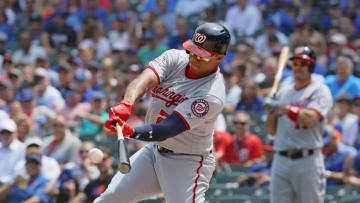 CHICAGO, IL - AUGUST 10: Juan Soto #22 of the Washington Nationals hits a run scoring single in the 1st inning against the Chicago Cubs at Wrigley Field on August 10, 2018 in Chicago, Illinois. (Photo by Jonathan Daniel/Getty Images)