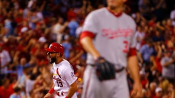 ST. LOUIS, MO - AUGUST 13: Matt Carpenter #13 of the St. Louis Cardinals celebrates after hitting a three-run home run against the Washington Nationals eighth inning at Busch Stadium on August 13, 2018 in St. Louis, Missouri. (Photo by Dilip Vishwanat/Getty Images)