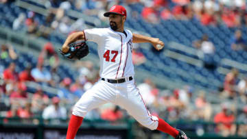 WASHINGTON, DC - AUGUST 09: Gio Gonzalez #47 of the Washington Nationals pitches against the Atlanta Braves at Nationals Park on August 9, 2018 in Washington, DC. (Photo by G Fiume/Getty Images)