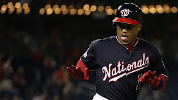WASHINGTON, DC - AUGUST 21: Wilmer Difo #1 of the Washington Nationals celebrates after hitting a home run against the Philadelphia Phillies during the sixth inning at Nationals Park on August 21, 2018 in Washington, DC. (Photo by Patrick Smith/Getty Images)