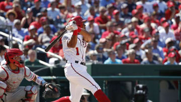 WASHINGTON, DC - AUGUST 23: Wilmer Difo #1 of the Washington Nationals hits a fly ball out to left in the seventh inning against the Philadelphia Phillies at Nationals Park on August 23, 2018 in Washington, DC. (Photo by Patrick McDermott/Getty Images)