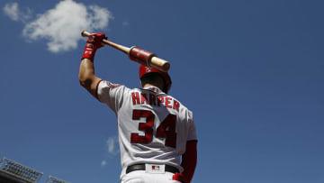 WASHINGTON, DC - AUGUST 23: Bryce Harper #34 of the Washington Nationals stands on deck in the third inning against the Philadelphia Phillies at Nationals Park on August 23, 2018 in Washington, DC. (Photo by Patrick McDermott/Getty Images)