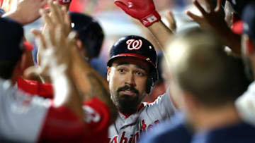 PHILADELPHIA, PA - AUGUST 28: Anthony Rendon #6 of the Washington Nationals celebrates with teammates in the dugout after hitting a go-ahead two-run home run in the ninth inning during a game against the Philadelphia Phillies at Citizens Bank Park on August 28, 2018 in Philadelphia, Pennsylvania. The Nationals won 5-4. (Photo by Hunter Martin/Getty Images)