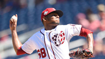 WASHINGTON, DC - SEPTEMBER 02: Jefry Rodriguez #68 of the Washington Nationals pitches in the third inning during a baseball game against the Milwaukee Brewers at Nationals Park on September 2, 2018 in Washington, DC. (Photo by Mitchell Layton/Getty Images)