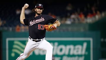 WASHINGTON, DC - SEPTEMBER 04: Austen Williams #53 of the Washington Nationals pitches in the sixth inning against the St. Louis Cardinals at Nationals Park on September 4, 2018 in Washington, DC. (Photo by Patrick McDermott/Getty Images)