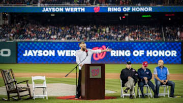 WASHINGTON, DC - SEPTEMBER 08: Jayson Werth is inducted into the Nationals Ring of Honor prior to game two of a doubleheader between the Washington Nationals and the Chicago Cubs at Nationals Park on September 8, 2018 in Washington, DC. Jason Werth was inducted (Photo by Scott Taetsch/Getty Images)