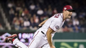 WASHINGTON, DC - SEPTEMBER 08: Starting pitcher Max Scherzer #31 of the Washington Nationals reacts after throwing a pitch against the Chicago Cubs during the ninth inning of game one of a doubleheader at Nationals Park on September 8, 2018 in Washington, DC. Max Scherzer #31 pitched a complete game as the Nationals won 10-3. (Photo by Scott Taetsch/Getty Images)