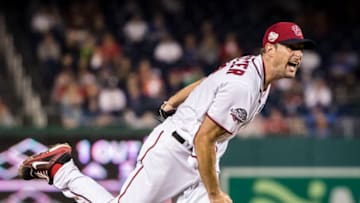 WASHINGTON, DC - SEPTEMBER 08: Starting pitcher Max Scherzer #31 of the Washington Nationals reacts after throwing a pitch against the Chicago Cubs during the ninth inning of game one of a doubleheader at Nationals Park on September 8, 2018 in Washington, DC. Max Scherzer #31 pitched a complete game as the Nationals won 10-3. (Photo by Scott Taetsch/Getty Images)