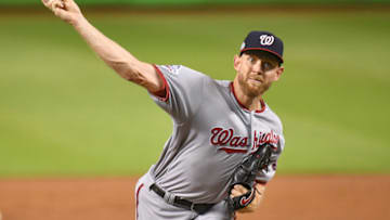 MIAMI, FL - SEPTEMBER 18: Stephen Strasburg #37 of the Washington Nationals throws a pitch in the first inning against the Miami Marlins at Marlins Park on September 18, 2018 in Miami, Florida. (Photo by Mark Brown/Getty Images)