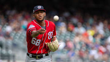 ATLANTA, GA - SEPTEMBER 15: Jefry Rodriguez #68 for the Washington Nationals tosses the ball to first base in the seventh inning against the Atlanta Braves at SunTrust Park on September 15, 2018 in Atlanta, Georgia.(Photo by Kelly Kline/GettyImages)