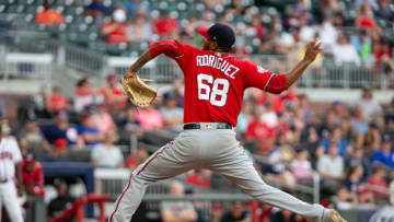 Jefry Rodriguez #68 of the Washington Nationals pitches against the Atlanta Braves at SunTrust field on September 15, 2018 in Atlanta, Georgia.(Photo by Kelly Kline/GettyImages)