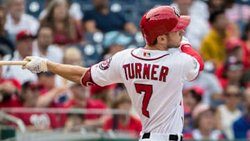 WASHINGTON, DC - SEPTEMBER 22: Trea Turner #7 of the Washington Nationals hits a two-run home run against the New York Mets during the third inning at Nationals Park on September 22, 2018 in Washington, DC. (Photo by Scott Taetsch/Getty Images)