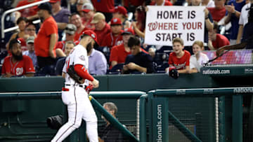 WASHINGTON, DC - SEPTEMBER 26: Bryce Harper #34 of the Washington Nationals walks to the dugout in the sixth inning against the Miami Marlins at Nationals Park on September 26, 2018 in Washington, DC. (Photo by Rob Carr/Getty Images)