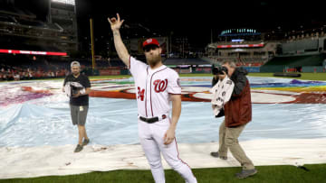 WASHINGTON, DC - SEPTEMBER 26: Bryce Harper #34 of the Washington Nationals waves to the crowd following the Nationals 9-3 win over the Miami Marlins at Nationals Park on September 26, 2018 in Washington, DC. (Photo by Rob Carr/Getty Images)