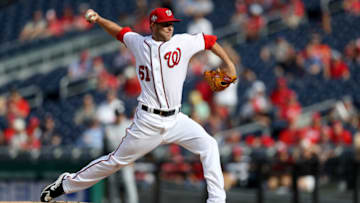 WASHINGTON, DC - SEPTEMBER 26: Kyle McGowin #61 of the Washington Nationals pitches to a Miami Marlins batter in the first inning at Nationals Park on September 26, 2018 in Washington, DC. (Photo by Rob Carr/Getty Images)