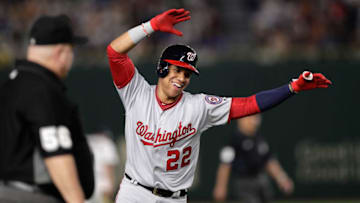 TOKYO, JAPAN - NOVEMBER 09: Outfielder Juan Soto #22 of the Washington Nationals celebrates hitting a two-run homer in the top of 6th inning during the game one of the Japan and MLB All Stars at Tokyo Dome on November 9, 2018 in Tokyo, Japan. (Photo by Kiyoshi Ota/Getty Images)