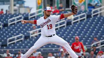 WEST PALM BEACH, FL - FEBRUARY 26: Anibal Sanchez #19 of the Washington Nationals pitches against the St Louis Cardinals during a spring training game at The Fitteam Ballpark of the Palm Beaches on February 26, 2019 in West Palm Beach, Florida. (Photo by Joel Auerbach/Getty Images)