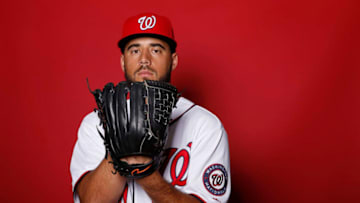 WEST PALM BEACH, FLORIDA - FEBRUARY 22: Kyle Barraclough #20 of the Washington Nationals poses for a portrait on Photo Day at FITTEAM Ballpark of The Palm Beaches during on February 22, 2019 in West Palm Beach, Florida. (Photo by Michael Reaves/Getty Images)