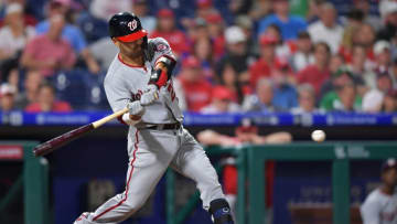 PHILADELPHIA, PA - APRIL 08: Kurt Suzuki #28 of the Washington Nationals hits a single in the fourth inning against the Washington Nationals at Citizens Bank Park on April 8, 2019 in Philadelphia, Pennsylvania. (Photo by Drew Hallowell/Getty Images)