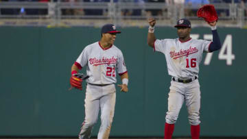 PHILADELPHIA, PA - APRIL 09: Juan Soto #22 and Victor Robles #16 of the Washington Nationals celebrate their win against the Philadelphia Phillies at Citizens Bank Park on April 9, 2019 in Philadelphia, Pennsylvania. The Nationals defeated the Phillies 10-6. (Photo by Mitchell Leff/Getty Images)