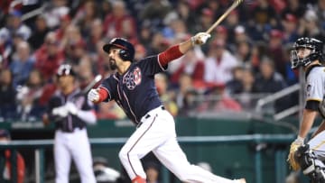WASHINGTON, DC - APRIL 12: Anthony Rendon #6 of the Washington Nationals hits a solo home run in the third inning during a baseball game against the Pittsburgh Pirates at Nationals Park on April 12, 2019 in Washington, DC. (Photo by Mitchell Layton/Getty Images)