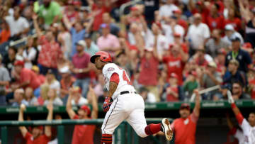 WASHINGTON, DC - APRIL 13: Howie Kendrick #47 of the Washington Nationals rounds the bases after hitting the game winning home run in the eighth inning against the Pittsburgh Pirates at Nationals Park on April 13, 2019 in Washington, DC. (Photo by Greg Fiume/Getty Images)