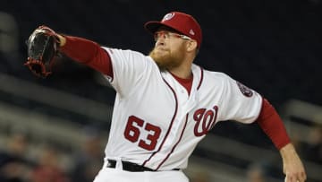 WASHINGTON, DC - APRIL 17: Sean Doolittle #63 of the Washington Nationals pitches in the ninth inning against the San Francisco Giants at Nationals Park on April 17, 2019 in Washington, DC. (Photo by Patrick McDermott/Getty Images)