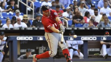 MIAMI, FL - APRIL 21: Ryan Zimmerman #11 of the Washington Nationals hits his second home run of the game in the ninth inning against the Miami Marlins at Marlins Park on April 21, 2019 in Miami, Florida. (Photo by Eric Espada/Getty Images)