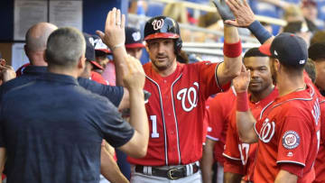 MIAMI, FL - APRIL 21: Ryan Zimmerman #11 of the Washington Nationals is congratulated by teammates after hitting his second home run of the game against the Miami Marlins at Marlins Park on April 21, 2019 in Miami, Florida. (Photo by Eric Espada/Getty Images)