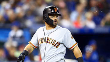 TORONTO, ON - APRIL 24: Gerardo Parra #8 of the San Francisco Giants reacts after scoring a run in the sixth inning on a double by Buster Posey #28 during a MLB game against the Toronto Blue Jays at Rogers Centre on April 24, 2019 in Toronto, Canada. (Photo by Vaughn Ridley/Getty Images)