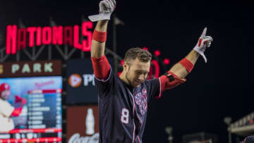 WASHINGTON, DC - APRIL 26: Carter Kieboom #8 of the Washington Nationals celebrates after hitting a home run against the San Diego Padres during the eighth inning of his major league debut at Nationals Park on April 26, 2019 in Washington, DC. (Photo by Scott Taetsch/Getty Images)