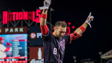 WASHINGTON, DC - APRIL 26: Carter Kieboom #8 of the Washington Nationals celebrates after hitting a home run against the San Diego Padres during the eighth inning of his major league debut at Nationals Park on April 26, 2019 in Washington, DC. (Photo by Scott Taetsch/Getty Images)