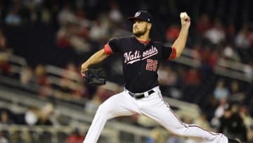 WASHINGTON, DC - APRIL 30: Dan Jennings #26 of the Washington Nationals pitches in the ninth inning against the St. Louis Cardinals at Nationals Park on April 30, 2019 in Washington, DC. (Photo by Patrick McDermott/Getty Images)
