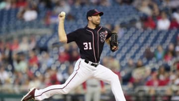 WASHINGTON, DC - MAY 01: Max Scherzer #31 of the Washington Nationals pitches in the second inning against the St. Louis Cardinals at Nationals Park on May 1, 2019 in Washington, DC. (Photo by Patrick McDermott/Getty Images)