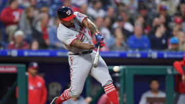 PHILADELPHIA, PA - MAY 03: Howie Kendrick #47 of the Washington Nationals hits a one run single in the third inning against the Philadelphia Phillies at Citizens Bank Park on May 3, 2019 in Philadelphia, Pennsylvania. (Photo by Drew Hallowell/Getty Images)