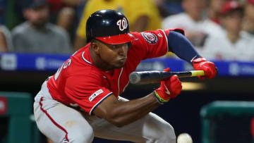 PHILADELPHIA, PA - MAY 04: Victor Robles #16 of the Washington Nationals lays down a sacrifice bunt that scores a run in the seventh inning against the Philadelphia Phillies in a game at Citizens Bank Park on May 4, 2019 in Philadelphia, Pennsylvania. (Photo by Rich Schultz/Getty Images)