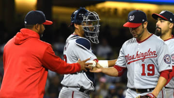 LOS ANGELES, CA - MAY 10: Starting pitcher Anibal Sanchez #19 is pulled by manager Dave Martinez #4 of the Washington Nationals in the fifth inning of the game against the Los Angeles Dodgers at Dodger Stadium on May 10, 2019 in Los Angeles, California. (Photo by Jayne Kamin-Oncea/Getty Images)