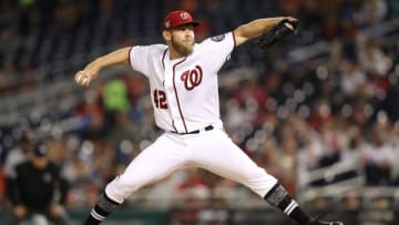 WASHINGTON, DC - APRIL 16: Starting pitcher Stephen Strasburg #37 of the Washington Nationals works the fourth inning against the San Francisco Giants at Nationals Park on April 16, 2019 in Washington, DC. All uniformed players and coaches are wearing number 42 in honor of Jackie Robinson Day. (Photo by Patrick Smith/Getty Images)