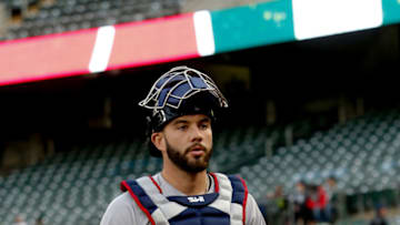 Blake Swihart #23 of the Boston Red Sox stands on the field prior to the game against the Oakland Athletics at the Oakland-Alameda County Coliseum on April 3, 2019 in Oakland, California. The Red Sox defeated the Athletics 6-3. (Photo by Michael Zagaris/Oakland Athletics/Getty Images)