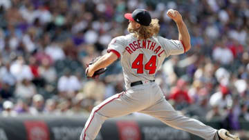 DENVER, COLORADO - APRIL 24: Pitcher Trevor Rosenthal #44 of the Washington Nationals throws in the eighth inning against the Colorado Rockies at Coors Field on April 24, 2019 in Denver, Colorado. (Photo by Matthew Stockman/Getty Images)