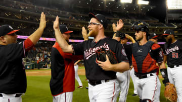 WASHINGTON, DC - JUNE 04: Sean Doolittle #63 of the Washington Nationals celebrates with teammates after defeating the Chicago White Sox at Nationals Park on June 4, 2019 in Washington, DC. (Photo by Will Newton/Getty Images)