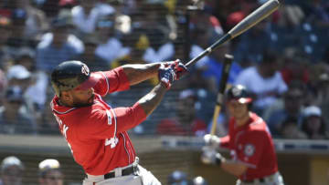 SAN DIEGO, CA - JUNE 9: Howie Kendrick #47 of the Washington Nationals hits a solo home run during the eighth inning of a baseball game against the San Diego Padres at Petco Park June 9, 2019 in San Diego, California. (Photo by Denis Poroy/Getty Images)