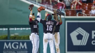 WASHINGTON, DC - JUNE 14: Juan Soto #22 of the Washington Nationals celebrates with Victor Robles #16 and Michael A. Taylor #3 after the game against the Arizona Diamondbacks at Nationals Park on June 14, 2019 in Washington, DC. (Photo by Scott Taetsch/Getty Images)