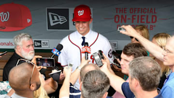 WASHINGTON, DC - JUNE 17: Washington Nationals 2019 first round pick Jackson Rutledge talks to the media before the game between the Washington Nationals and the Philadelphia Phillies at Nationals Park on June 17, 2019 in Washington, DC. (Photo by Greg Fiume/Getty Images)