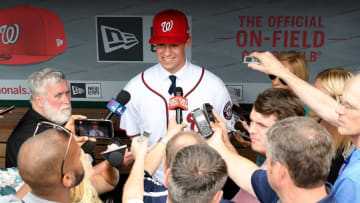 WASHINGTON, DC - JUNE 17: Washington Nationals 2019 first round pick Jackson Rutledge talks to the media before the game between the Washington Nationals and the Philadelphia Phillies at Nationals Park on June 17, 2019 in Washington, DC. (Photo by Greg Fiume/Getty Images)