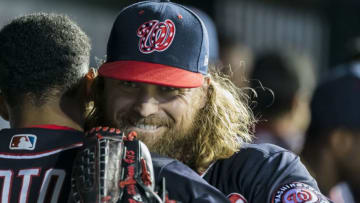 WASHINGTON, DC - JUNE 21: Trevor Rosenthal #44 of the Washington Nationals celebrates with Juan Soto #22 in the dugout after pitching against the Atlanta Braves during the eighth inning at Nationals Park on June 21, 2019 in Washington, DC. (Photo by Scott Taetsch/Getty Images)