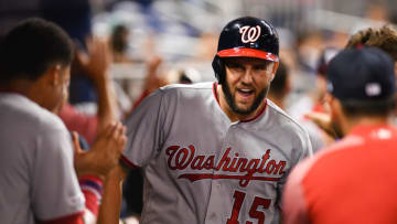 MIAMI, FL - JUNE 26: Matt Adams #15 of the Washington Nationals celebrates with teammates after hitting a three run home run in the sixth inning against the Miami Marlins at Marlins Park on June 26, 2019 in Miami, Florida. (Photo by Mark Brown/Getty Images)