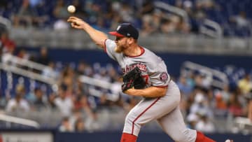 MIAMI, FL - JUNE 27: Stephen Strasburg #37 of the Washington Nationals delivers a pitch in the second inning against the Miami Marlins at Marlins Park on June 27, 2019 in Miami, Florida. (Photo by Mark Brown/Getty Images)